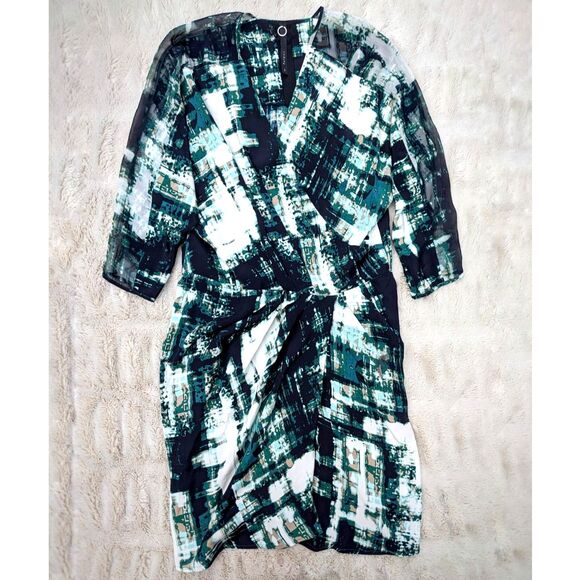 POLECI 100% Silk Abstract Print Surplice Faux Wrap Knee Length Dress, Fits 6/8 - Picture 10 of 12